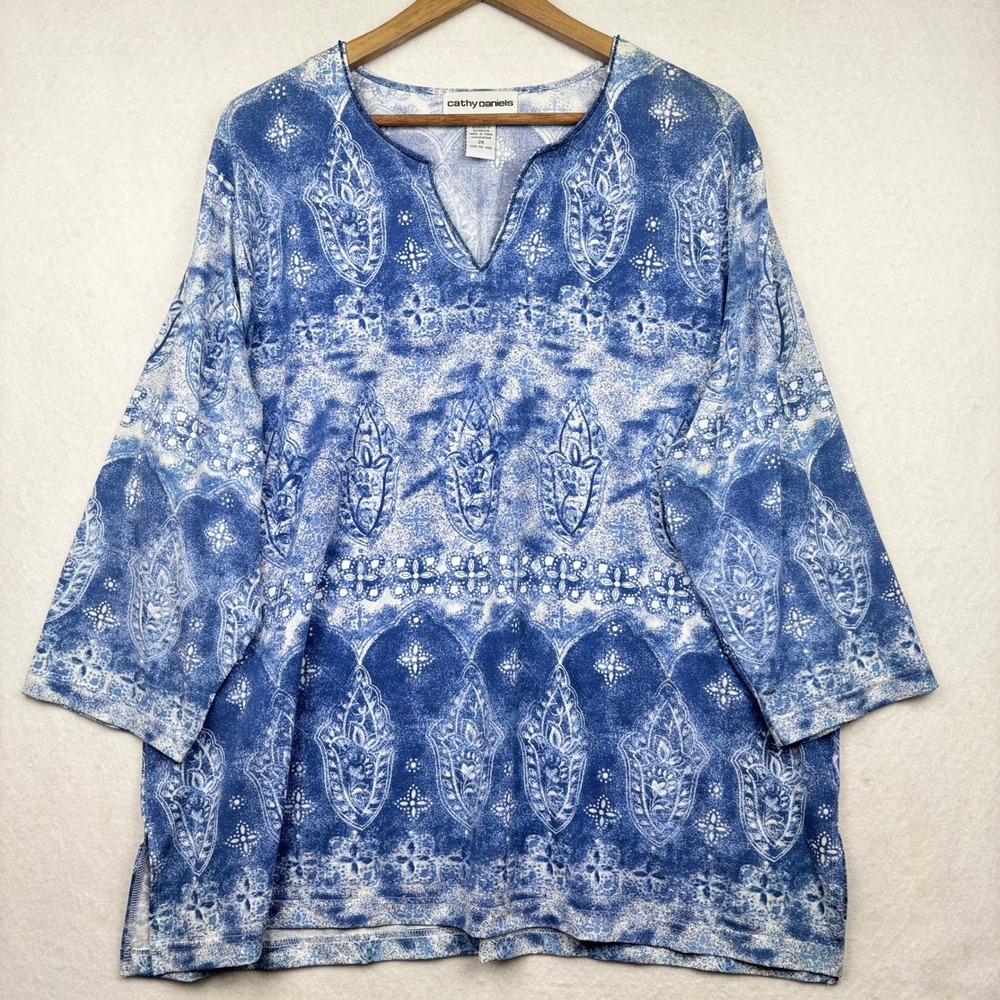 Cathy Daniels Tunic Womens 2X Paisley Split Neck Boho - Picture 2 of 9